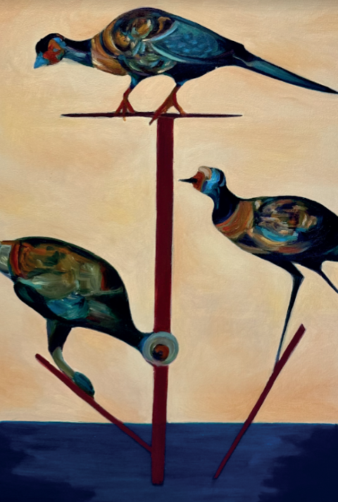 This file image shows an oil painting by Patricia Abbot depicting three birds Courtesy of Patrica Abbot