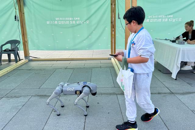 A child looks at a robot dog at the Jongno Youth Startup Festival at Gwanghwamun Square in Seoul on Oct 16 2024 AJP Kim Dong-woo