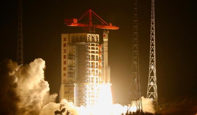 A satellite group is launched aboard a modified Long March-6 carrier rocket from the Taiyuan Satellite Launch Center in Shanxi Province northern China on Oct 15 2024 Xinhua-Yonhap