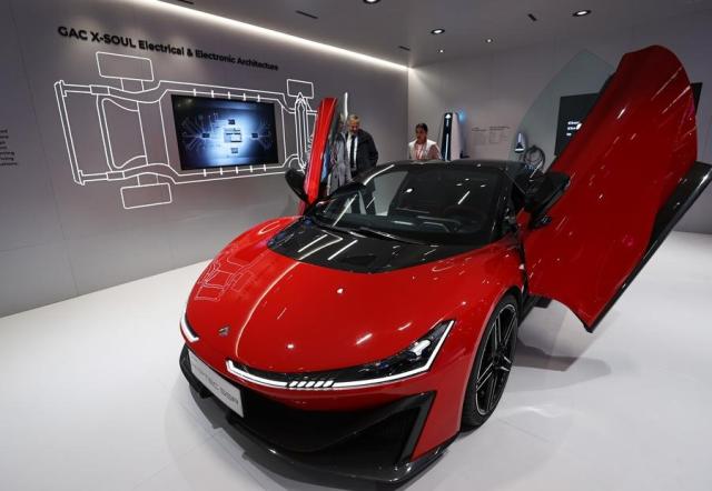 Visitors explore the Guangzhou Automobile Group pavilion at the 2024 Paris Motor Show during the media day in Paris France on Oct 14 2024 Xinhua-Yonhap