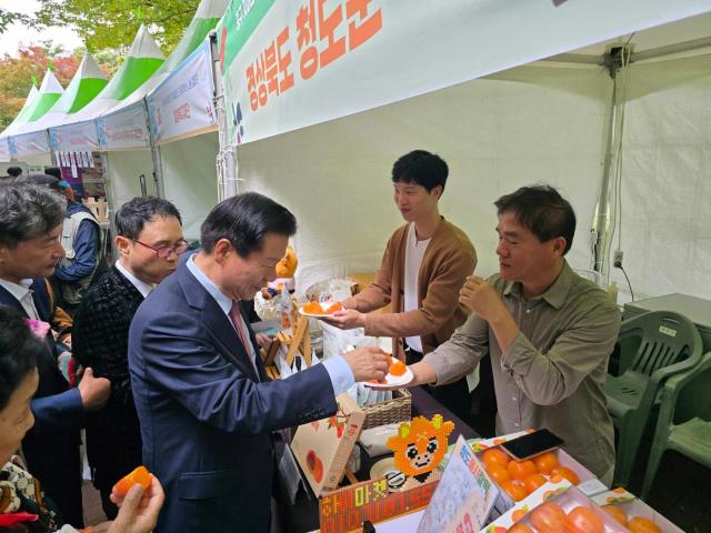 류규하 대구시 중구청장이 국채보상공원에 설치된 청도군 농특산물 판매 부스를 찾아   청도반시를 시식하고 있다사진청도군