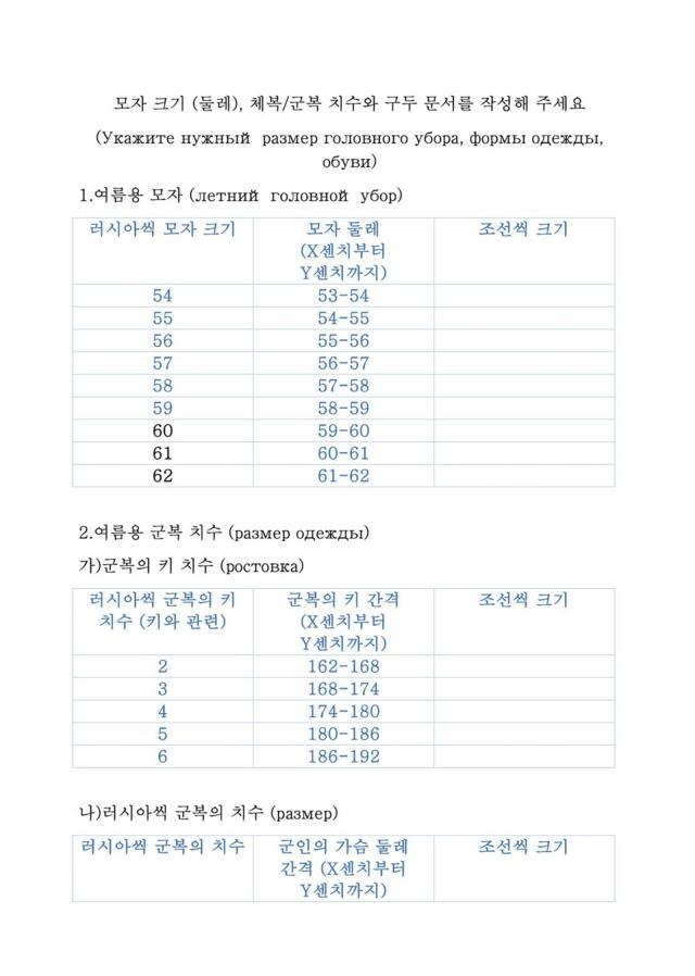 러시아가 파병된 북한 군인에게 군복과 군화 등 보급품을 원활하게 지급하기 위한 목적으로 한글 설문지까지 준비한 것으로 나타났다 CNN은 19일현지시간 우크라이나 문화부 소속 전략소통·정보보안센터SPRAVDI를 통해 한글 설문지를 입수했다고 보도했다 사진은 공개된 한글과 러시아어로 안내된 군복 치수 설문지사진우크라이나 문화부 소속 전략소통·정보보안센터SPRAVDI