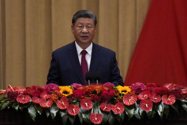 Chinese President Xi Jinping delivers his speech at a dinner marking the 75th anniversary of the founding of the Peoples Republic of China at the Great Hall of the People in Beijing on Sept 30 2024 AP-Yonhap