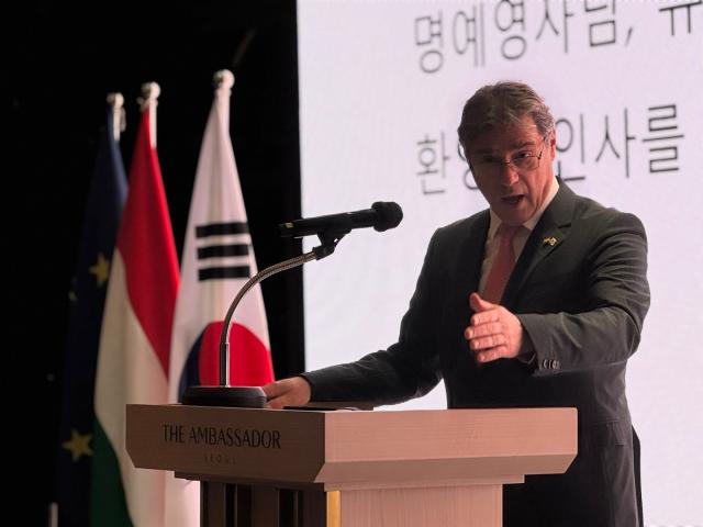 
Hungarian Ambassador to Korea delivers a welcome speech at the National Day event commemorating the Hungarian Revolution of 1956 at the Pullman Hotel in Seoul Korea on Oct 18 2024