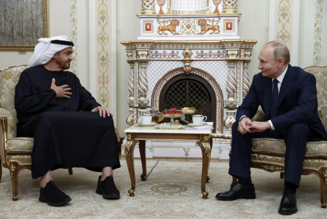 
Russian President Vladimir Putin meets with UAE President Sheikh Mohamed bin Zayed Al Nahyan at the Novo-Ogaryovo state residence near Moscow Russia on Oct 20 2024