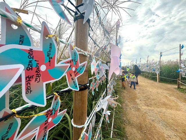 Children hang wish papers on ropes at the Seoul silvergrass festival in Seoul Oct 21 2024 AJP Han Jun-gu