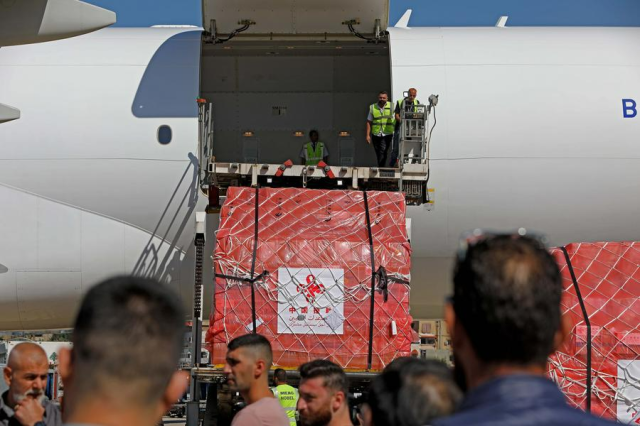 Emergency medical aid from China is unloaded by staff members at Rafik Hariri International Airport in Beirut Lebanon on Oct21 2024Xinhua-Yonhap