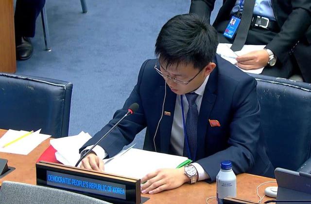 A diplomat from North Koreas Permanent Mission to the United Nations states during a meeting of the UN General Assemblys First Committee held at the UN headquarters in New York Oct 21 2024 Captured from UN WebTV