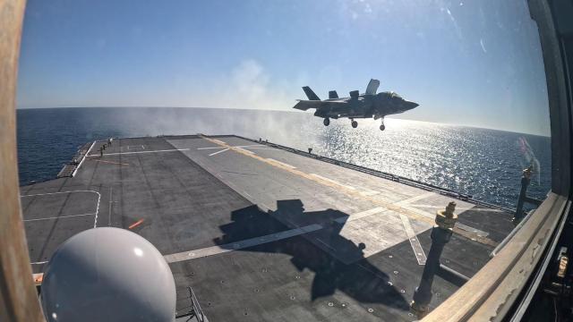 This photo shows US militarys F-35B stealth fighter jet landing on the Japanese destroyer Kaga Oct 20 2024 Captured from Japans Maritime Self-Defense Force MSDFs official X formerly Twitter account 