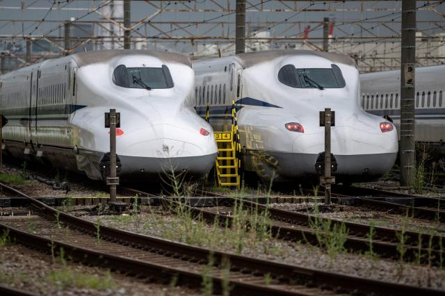 This photo shows shinkansen bullet trains parked at the JR Centrals Oi Shinkansen depot in the Shinagawa district Tokyo July 24 2024 AFP-Yonhap