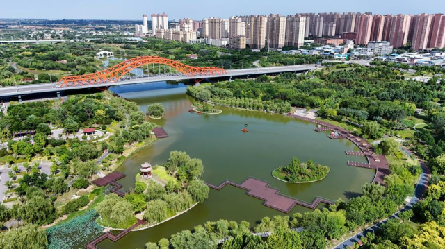 Wenquan River Wetland Park in Weinan City northwest Chinas Shaanxi Province is seen in this n aerial drone photo taken on June 21 2024 Xinhua-Yonhap