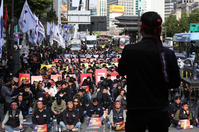 A rally by the Korean railway workers union takes place near Seoul Station Oct 23 2024 AJP Han Jun-gu