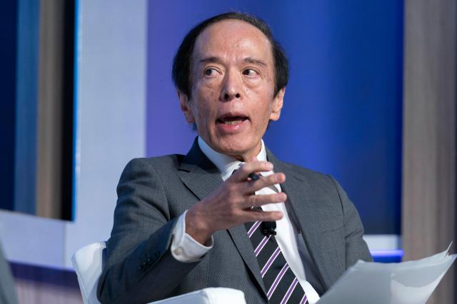 Bank of Japan BOJ Governor Kazuo Ueda speaks at an event during the International Monetary Fund IMF-World Bank meetings in Washington Oct 23 2024 AP-Yonhap 