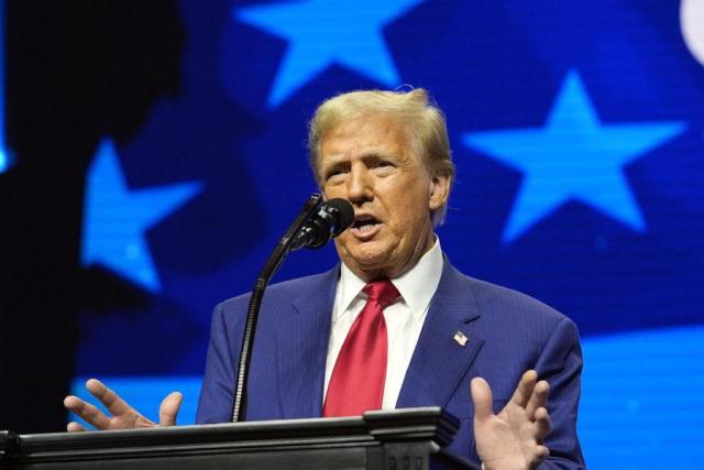 Republican presidential nominee former President Donald Trump speaks at a Turning Point Action campaign rally in Duluth Georgia on Oct 23 2024 AP-Yonhap