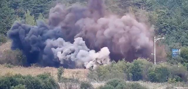 Railways are engulfed in smoke following an explosion in this footage provided by the Joint Chiefs of Staff on Oct 15 2024