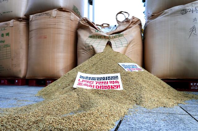 Stacked rice bags have fallen during a rally organized by the National Farmers Federation in Seoul on Oct 24 2024 AJP Kim Dong-woo