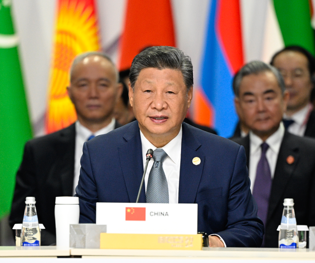 Chinese President Xi Jinping gives a speech at the BRICS Plus leaders dialogue in Kazan Russia on Oct 24 2024 Xinhua-Yonhap