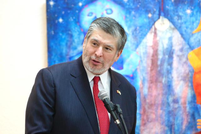 Mexican Ambassador to Korea Carlos Penafiel Soto speaks at an exhibition at the Latin American Cultural Center in Goyang Gyeonggi Province on Oct 24 2024 AJP Han Jun-gu