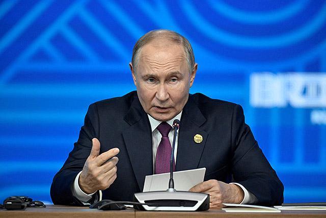 Russian President Vladimir Putin speaks during a press conference at the BRICS summit held in Kazan Russia on Oct24 2024 AFP-Yonhap