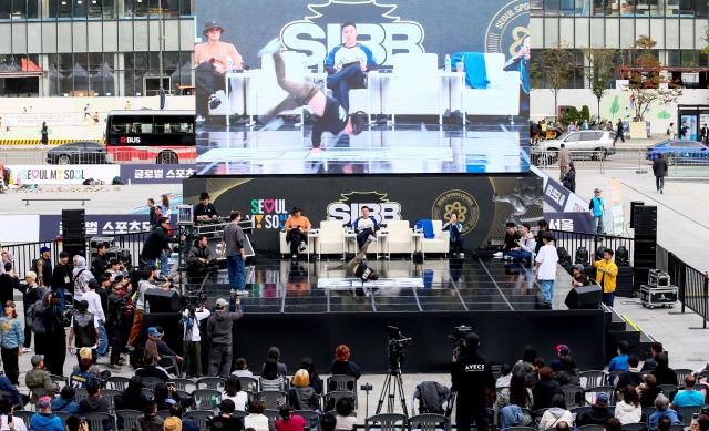 B-boys compete in a breaking battle at the Seoul Extreme Sports Festival at Gwanghwamun Square in Seoul on Oct 25 2024 AJP Kim Dong-woo