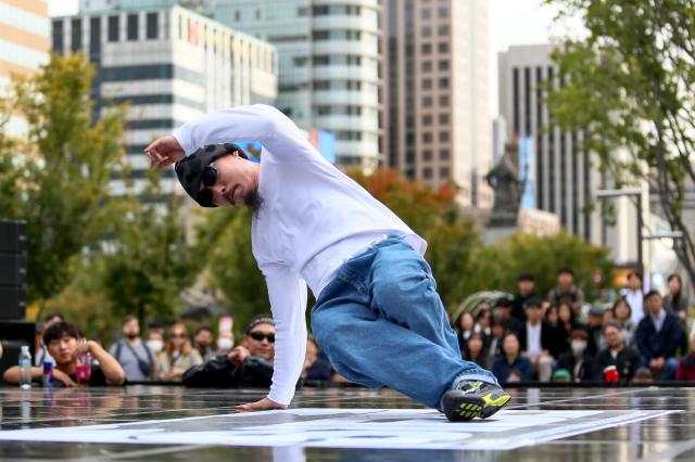 B-boys compete in a breaking battle at the Seoul Extreme Sports Festival at Gwanghwamun Square in Seoul on Oct 25 2024 AJP Kim Dong-woo