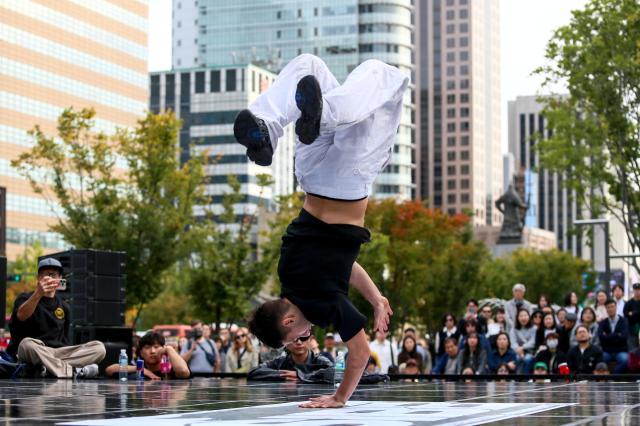 B-boys compete in a breaking battle at the Seoul Extreme Sports Festival at Gwanghwamun Square in Seoul on Oct 25 2024 AJP Kim Dong-woo