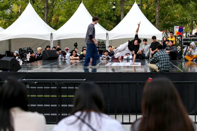 B-boys compete in a breaking battle at the Seoul Extreme Sports Festival at Gwanghwamun Square in Seoul on Oct 25 2024 AJP Kim Dong-woo