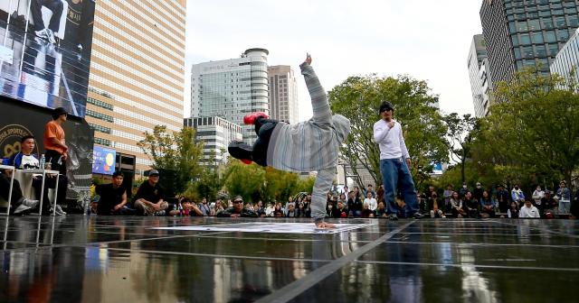 B-boys compete in a breaking battle at the Seoul Extreme Sports Festival at Gwanghwamun Square in Seoul on Oct 25 2024 AJP Kim Dong-woo