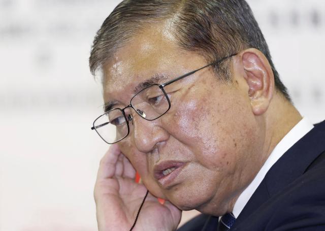 Japans Prime Minister and president of the Liberal Democratic Party LDP Shigeru Ishiba speaks to the media regarding the lower house election at the LDP headquarters in Tokyo Oct 27 2024 Kyodo NewsAP-Yonhap