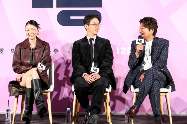 From right Actors Song Kang-ho Park Jeong-min and Jang Yoon-ju speak during a press conference for One Win at CGV Yongsan IPark Mall in Seoul on Oct 28 2024 AJP Kim Dong-woo