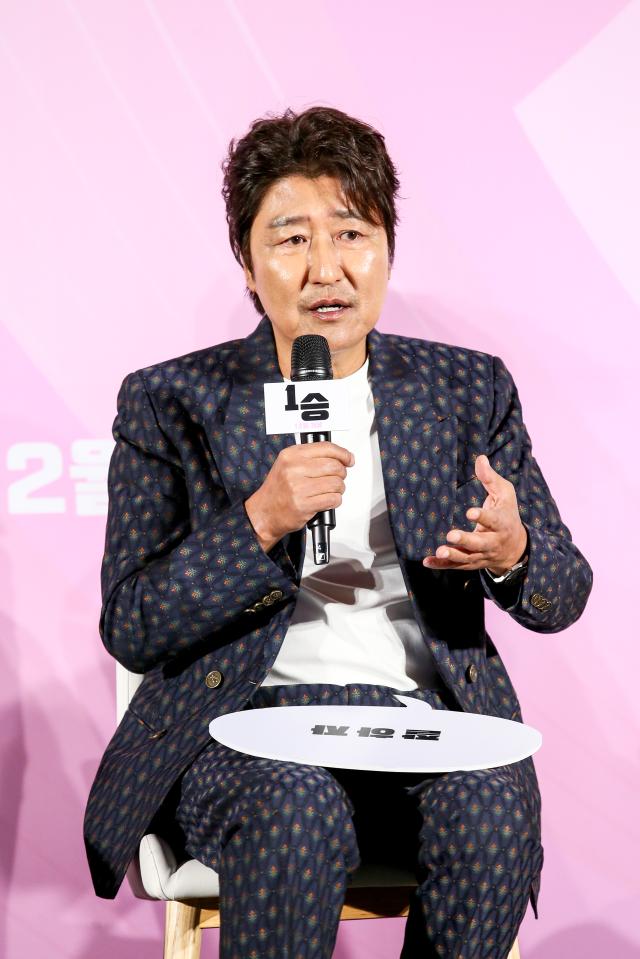 Actor Song Kang-ho speaks during a press conference for One Win at CGV Yongsan IPark Mall in Seoul on Oct 28 2024 AJP Kim Dong-woo