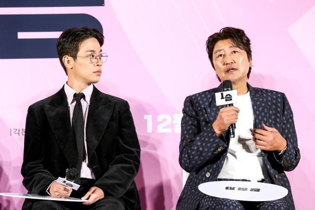 Actor Song Kang-ho right speaks during a press conference for One Win at CGV Yongsan IPark Mall in Seoul on Oct 28 2024 AJP Kim Dong-woo