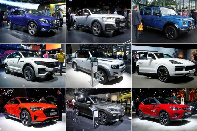 A combination of nine pictures shows SUV cars on display, (top row left to right) Mercedes-Benz GLB 220d 4MATIC, Audi Q7 TDI quattro and Mercedes-Benz G 500 manufaktur, (mid row L-R) Volkswagen Touareg, Land Rover Defender 110 and Porsche Cayenne e-hybrid, (bottom row L-R) Audi e-tron 55 quattro, BMW X6 and Seat Arona FR TGI at the 2019 Frankfurt Motor Show in Frankfurt, Germany, Sept. 13, 2019. Reuters-Yonhap