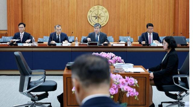 Director of the National Intelligence Service Cho Tae-yong third from the left attends the National Assembly’s audit of the National Intelligence Service NIS held at the NIS headquarters in Seoul on Oct 29 2024Yonhap