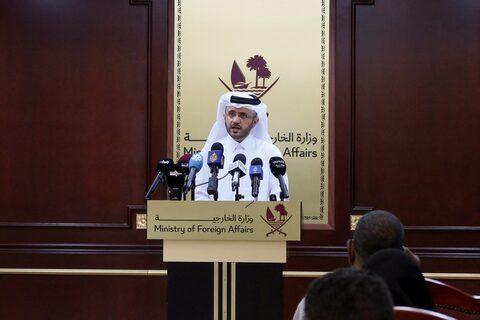 Majed Al-Ansari spokesperson for Qatars Foreign Ministry speaks at a weekly press briefing in Doha Qatar on Apr 23 2024 Reuters-Yonhap