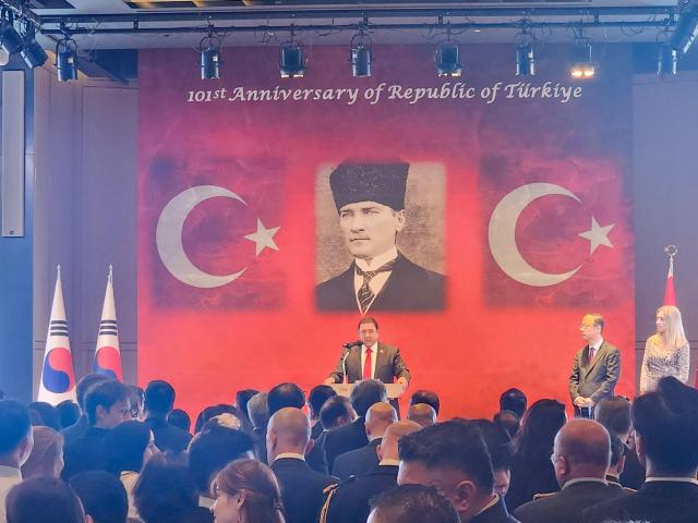 Turkish Ambassador to the Republic of Korea Salih Murat Tamer speaks during an opening speech session at an event aimed to celebrate the 101st anniversary of the founding of the Republic of Türkiye held at a hotel in central Seoul on Oct 30 AJP Park Sae-jin