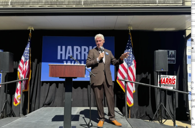 Former President Bill Clinton speaks at a campaign rally for Vice President Kamala Harris in Georgia US on October 13 2024