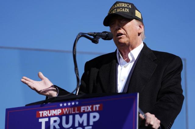 Republican presidential nominee former President Donald Trump speaks at a campaign rally at Albuquerque International Sunport in Albuquerque New Mexico on Oct 31 2024