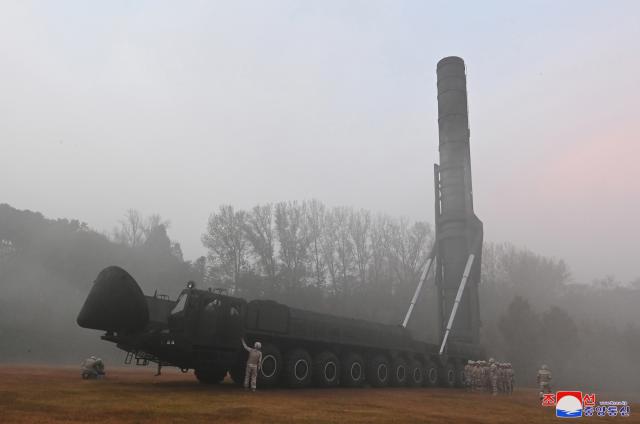 North Koreas ICBM Hwaseong-18 stands on its mobile launcher Oct 31 2024 Yonhap