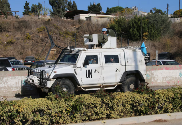 A UN peacekeeper UNIFIL vehicle drives in Marjayoun near the border with Israel southern Lebanon October 29 2024 REUTERSKaramallah Daher