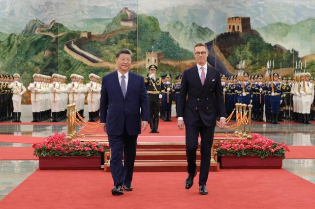 Chinese President Xi Jinping hosts a welcoming ceremony for Finnish President Alexander Stubb who is on a state visit to China in the Northern Hall of the Great Hall of the People in Beijing China on Oct 29 2024 Xinhua-Yonhap