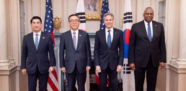 Foreign and defense chiefs from South Korea and the US attend a joint press conference at the State Department in Washington on Oct 31 2024 From left South Korean Defense Minister Kim Yong-hyun Foreign Minister Cho Tae-yul US Secretary of State Antony Blinken and US Defense Secretary Lloyd Austin Yonhap