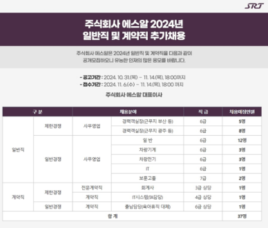 에스알, 2024년 일반직 및 계약직 채용 실시...총 37명