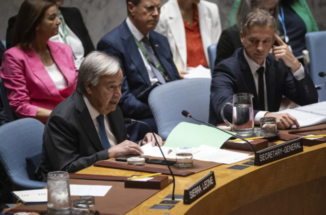 UN Secretary-General Antonio Guterres speaks at a Security Council meeting at United Nations headquarters in New York on Sept 27 2024 AP-Yonhap