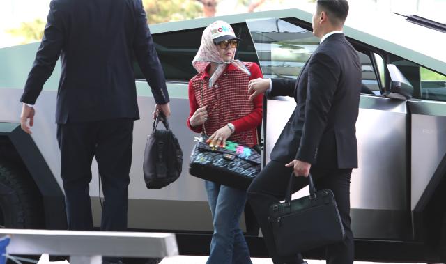 K-pop star G-DRAGON gets out of Teslas electric pickup truck Cybertruck at Incheon International Airport Terminal 2 to attend the CHANEL Cruise 202425 Show on Nov 4 2024 AJP Han Jun-gu