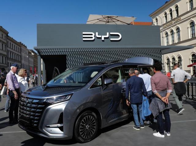 Visitors explore the BYD booth at the 2023 International Motor Show in Munich Germany on Sept 8 2023 Xinhua-Yonhap