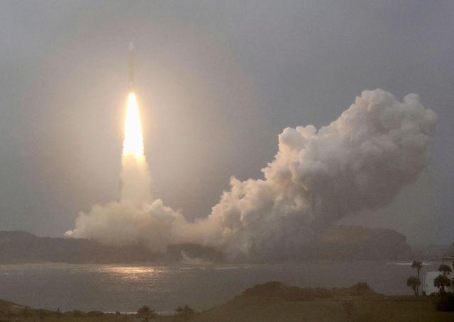 This photo shows the H3 rocket carrying a defense ministry communications satellite launching from Tanegashima Space Center Kagoshima prefecture southern Japan Nov 4 2024 KyodoAP-Yonhap