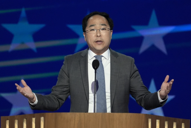 Rep Andy Kim speaks during the Democratic National Convention in Chicago on Aug 21 2024 AP-Yonhap