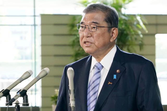 Japans Prime Minister Shigeru Ishiba speaks to the media following North Koreas latest missile launches at his office in Tokyo Nov 5 2024 Kyodo NewsAP-Yonhap