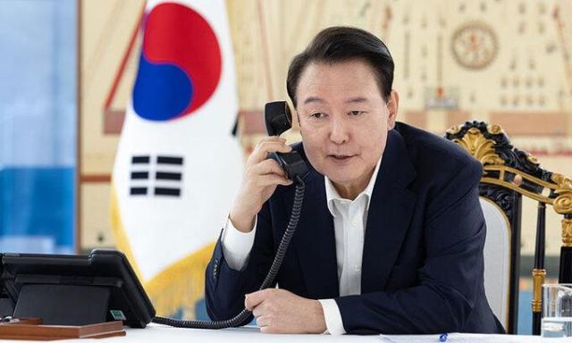 South Korean President Yoon Suk Yul has a phone call with US President-elect Donald Trump on Nov 7 2024 at the presidential office in Yonsan central Seoul  on Nov 7 2024Courtesy of the Presidential Office